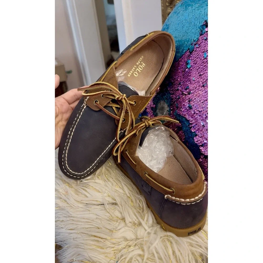 POLO Ralph Lauren BIENNE II Leather Boat Fisherman Shoe Blue Brown Men 12 Photos